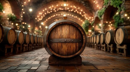 Wooden wine barrel in a cellar