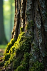 Rustic wooden tree trunk with moss and lichen growth, forest, nature, rustic