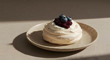 Light Meringue Dessert Topped with Blueberries and Raspberry Jam