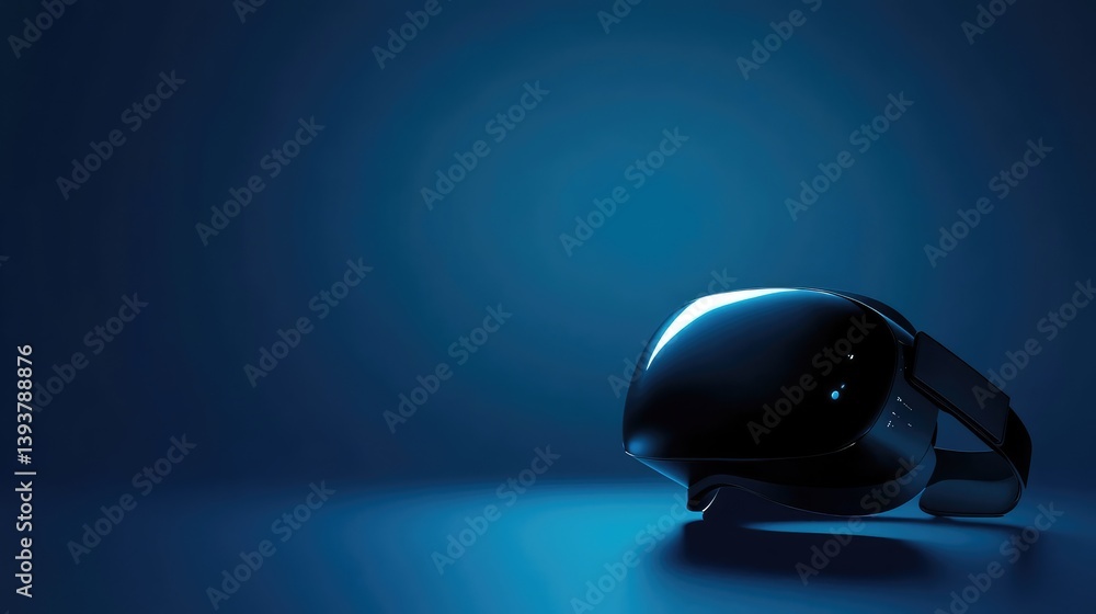 Poster a futuristic vr headset placed on a smooth surface, glowing faintly, with background space for text 