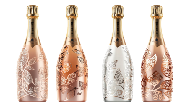 Elegant champagne bottles adorned with ornate floral patterns and metallic gold accents creating a sophisticated and celebratory aesthetic