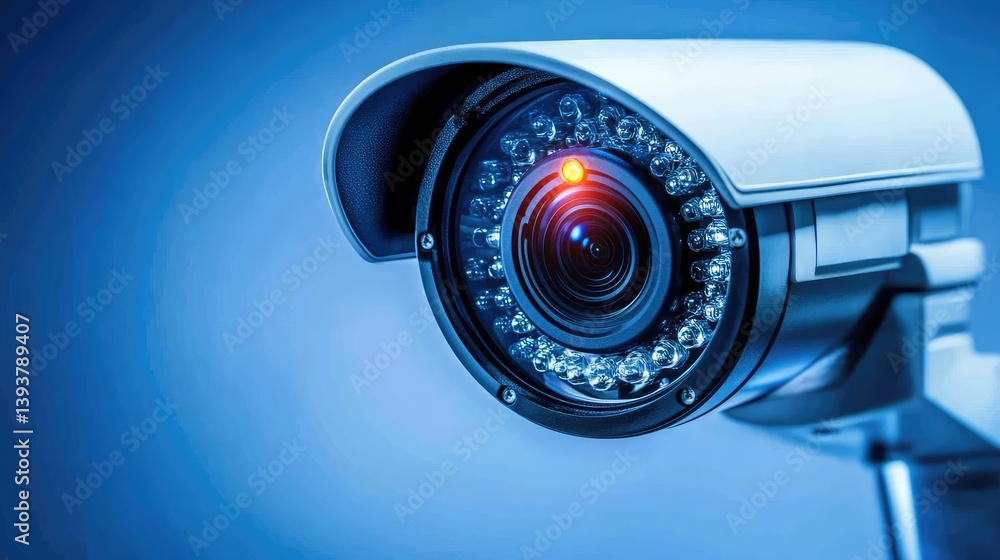 Poster a high-tech security camera mounted on a wall, backlit with soft lighting, creating space for promot