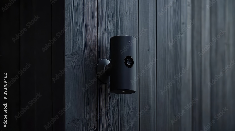 Poster a high-tech smart security camera on a dark wall, surrounded by ample space for text or promotional 