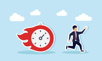 A businessman runs away from a burning stopwatch, illustration of business work deadline