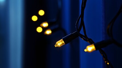 Glowing Yellow String Lights Dark Blue Background Night