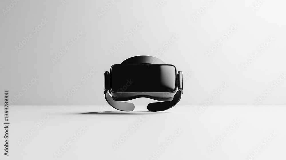 Poster a minimalist shot of a virtual reality headset on a clean white background with enough space around 