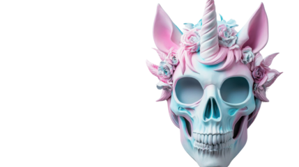 Whimsical and captivating skull shaped fantasy design featuring a unicorn horn adorned with pastel colors and delicate floral elements