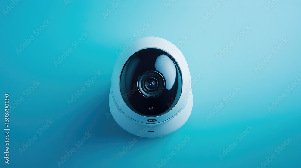 Poster a modern security camera placed on a smooth surface, surrounded by ample space for branding or copy 