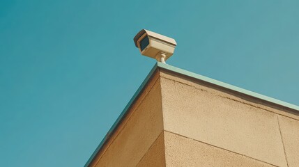 A modern security camera on the corner of a house with clear space around it for copy or branding.
