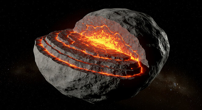 Asteroid Cutaway Revealing Molten Core and Layers Against a Starry Background