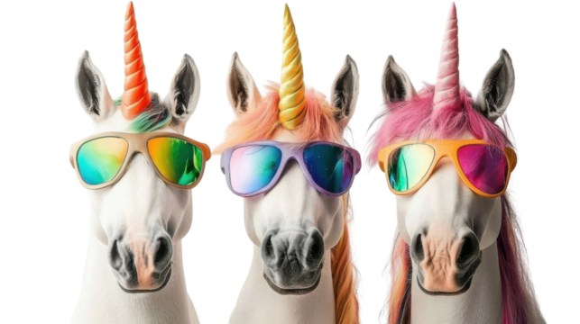 Three fantastical unicorns with vibrant manes and horns adorned with playful multicolored sunglasses on a plain white background