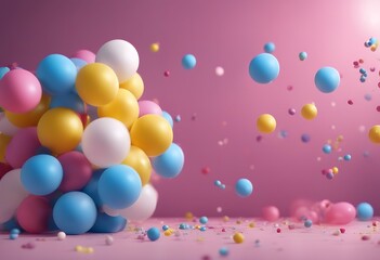 background pink empty yellow jumping concept falling fun colorful room 3d over white render levitating down bouncing assorted blue balloons modern inside flying balls gradient pearl geometric play