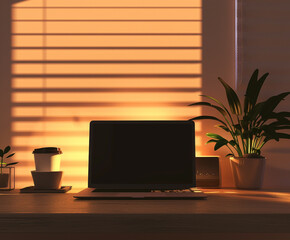 Fototapeta premium Minimalist home office desk setup with a laptop, potted plants, and a coffee cup illuminated by warm sunset light through window blinds. Cozy and serene evening workspace ideal for creative work or re