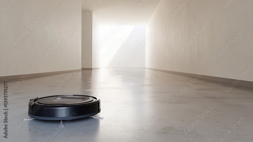 Poster a robot vacuum cleaner in the center of a minimalist room, creating ample background space for text 