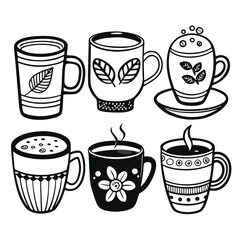 Hand-Drawn Coffee Cup Doodle Set – 6 Unique Black and White Illustrations