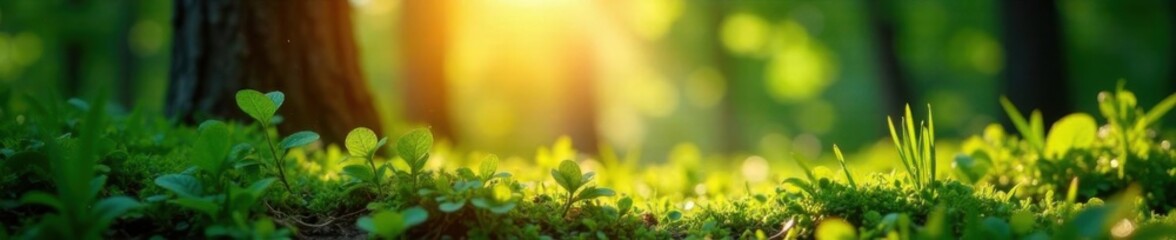 Radiant sunshine illuminates lush forest, highlighting vibrant greenery and sparkling dew drops,  foliage,  shine