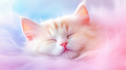 Fototapeta premium Adorable kitten, peacefully sleeping in a soft, colorful cloud