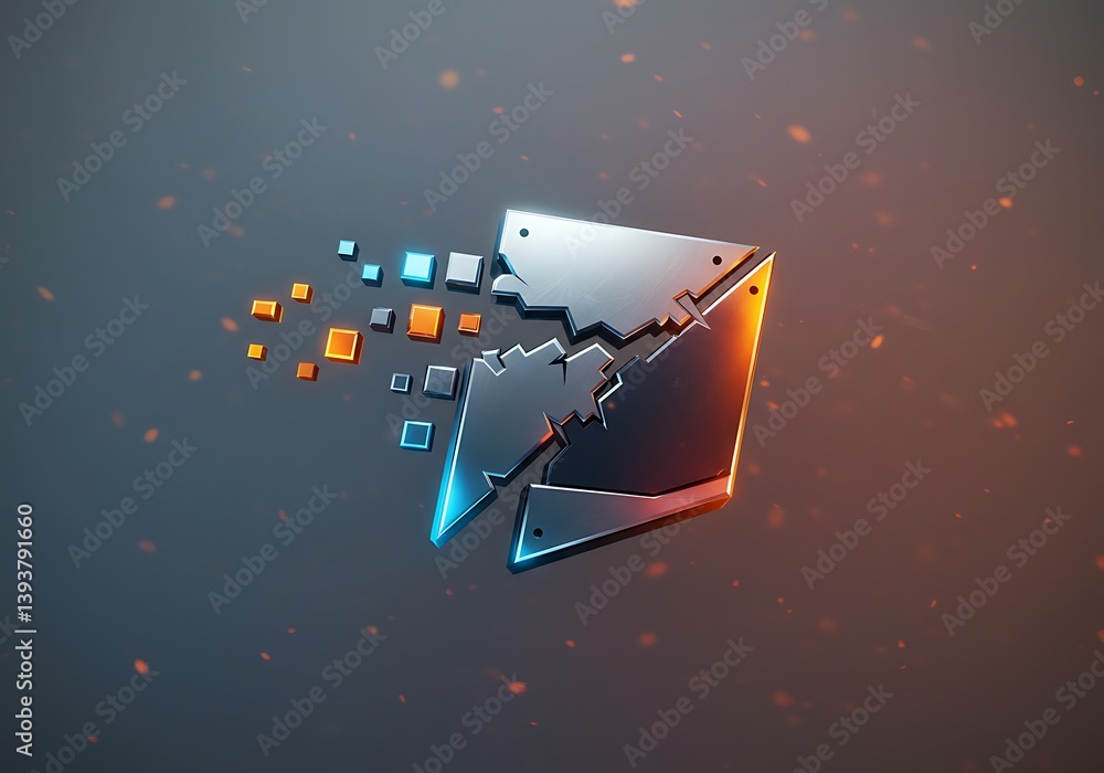 Poster abstract metallic shape with pixelated elements and glow effect illustration