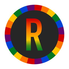 LGBTQ Rainbow Gradient Capital Letter “R” Icon - Bold Letter R with Vibrant Rainbow Gradient on Black Background, Encircled by a Multicolor Ring Representing Pride and Inclusivity.