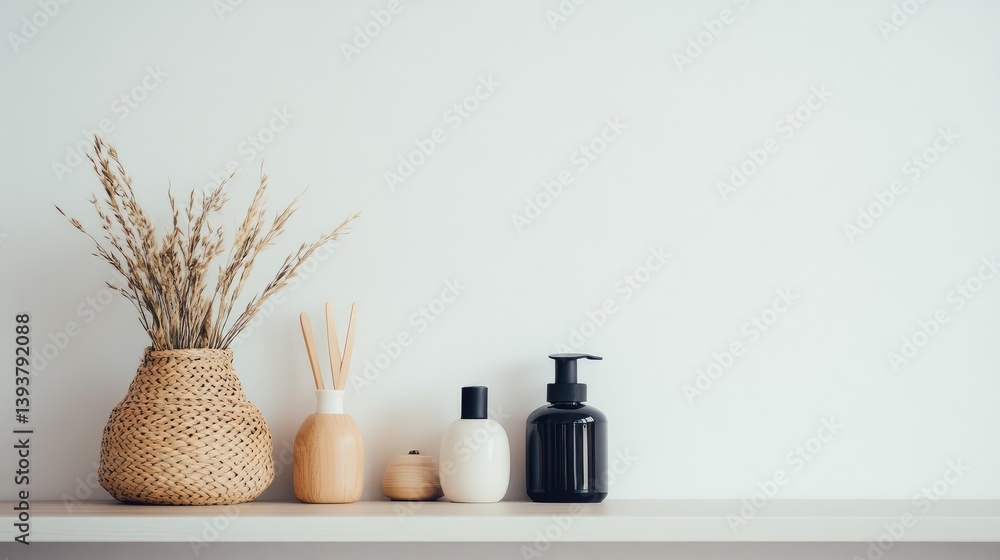 Poster a sleek smart home security camera placed on a shelf, with a clean white background and space for co