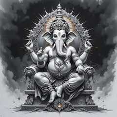 Ganesh Statue in Black and White Sitting on an Ornate Throne with Detailed Design