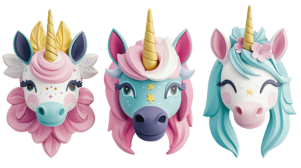 Colorful and enchanting depictions of fantasy unicorn heads with ornate horns detailed features and a playful delightful aesthetic
