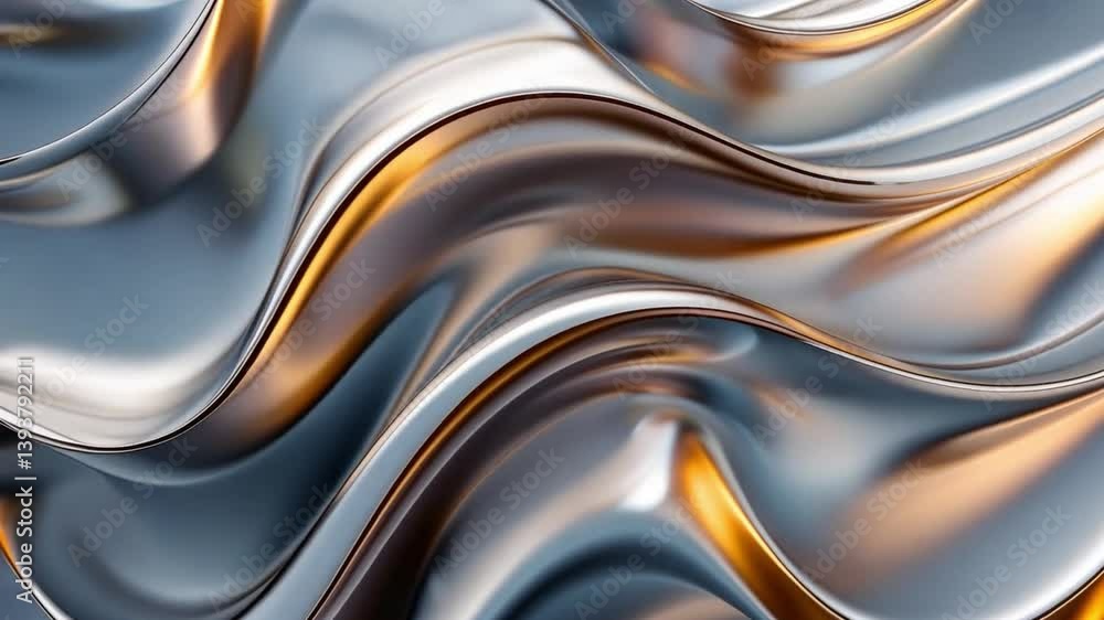 Poster abstract metallic surface dynamic waves and reflections with smooth curves, showcasing modern aesthe