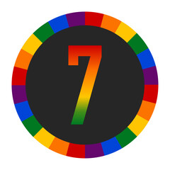 LGBTQ Rainbow Number &ldquo;7&rdquo; Icon - Bold Number 7 with Vibrant Rainbow Gradient on Black Background, Encircled by a Multicolor Ring Representing Pride and Inclusivity.