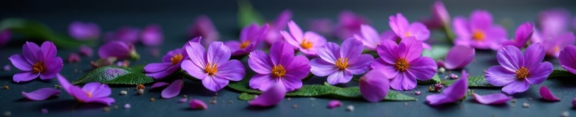 Petals of vibrant purple flowers scattered on a green leaf, blossom, flowers