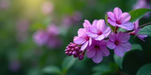 Fototapeta premium Petal clusters of vibrant purple flowers scattered on a green leafy branch, , leaves, floral