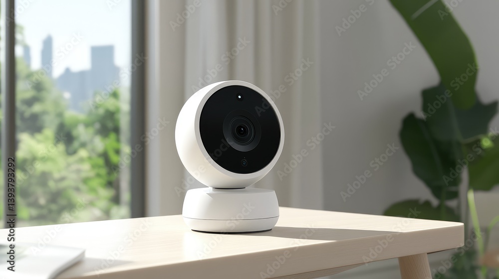 Poster a smart security camera placed on a shelf, with the lens visible and clean space in the background f