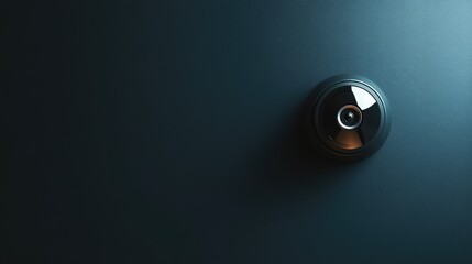 A smart security camera on a sleek, modern door frame, surrounded by empty space for text or promotional content.