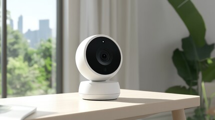 A smart security camera placed on a shelf, with the lens visible and clean space in the background for text.