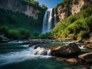 Fototapeta premium Discover the Hidden Beauty of Osum Waterfall: Albania's Majestic Natural Wonder Offering Stunning Views and Adventure in the Heart of the Albanian Riviera