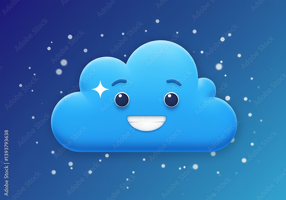 Poster smiling blue cloud character floating on blue background with white particles
