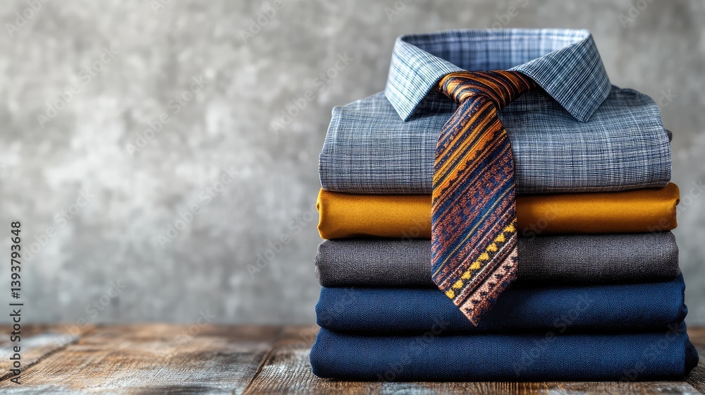 Aufkleber a stack of neatly folded formal shirts and a tie, placed on a soft-textured surface with space for a
