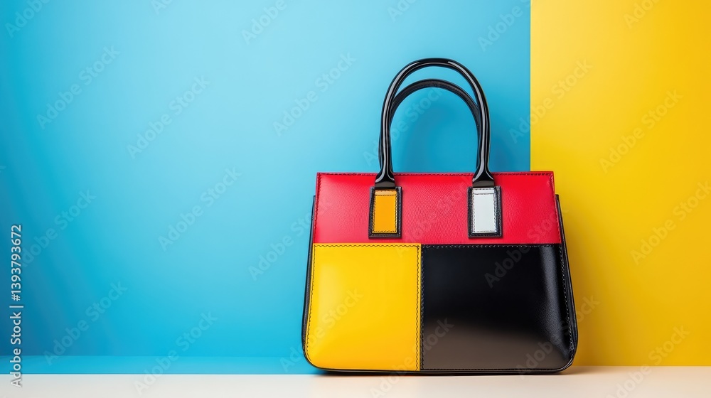 Poster a structured handbag with geometric details, placed on a light backdrop with space around it for log