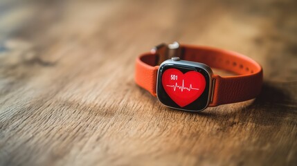 A smart wearable heart rate monitor on a table, displaying heart rate data, with space for text