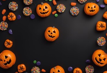 copy mixed banner space top jack lantern treat bottom view border pails black trick background candy o halloween bucket traditional holiday october food pail fall pumpkin autumn dessert skittish fun