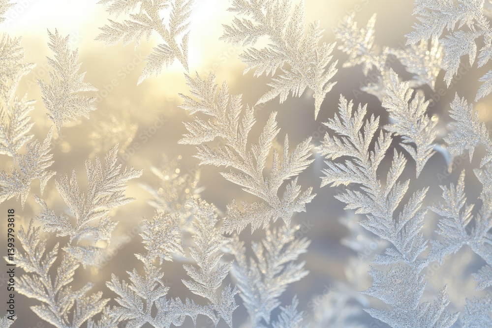 Aufkleber intricate frost patterns on a windowpane, illuminated by soft sunlight, creating a beautiful winter 