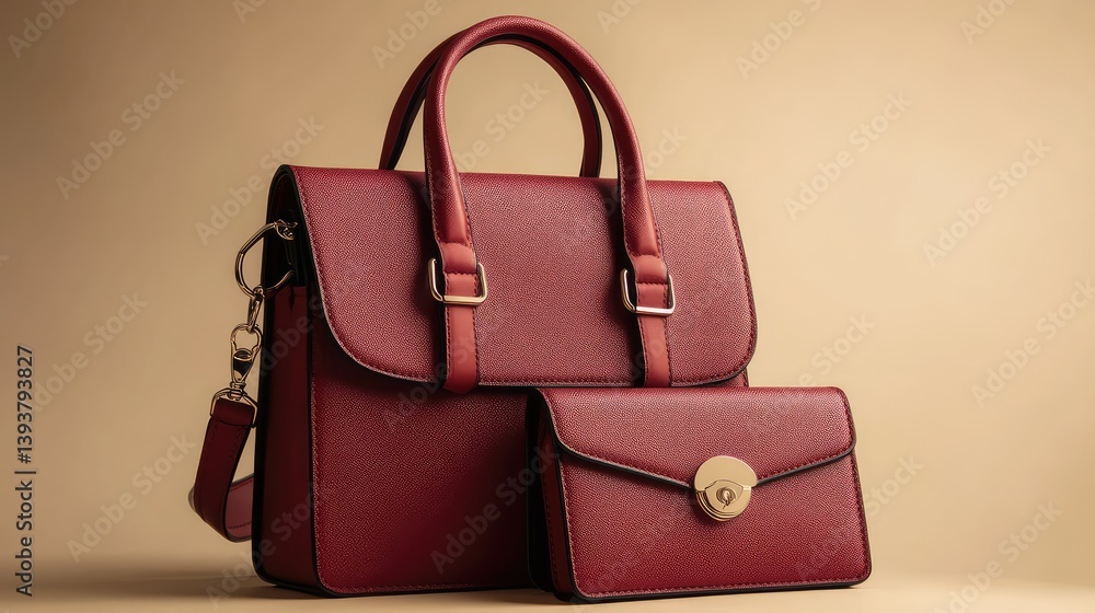Poster a stylish handbag and matching wallet placed on a flat surface with clear space around them for prom
