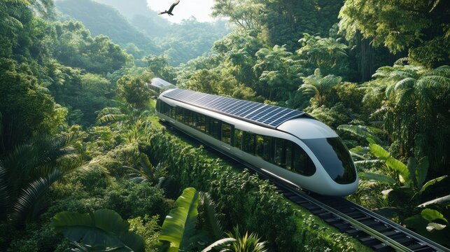 Modern solar train traveling through lush green tropical forest