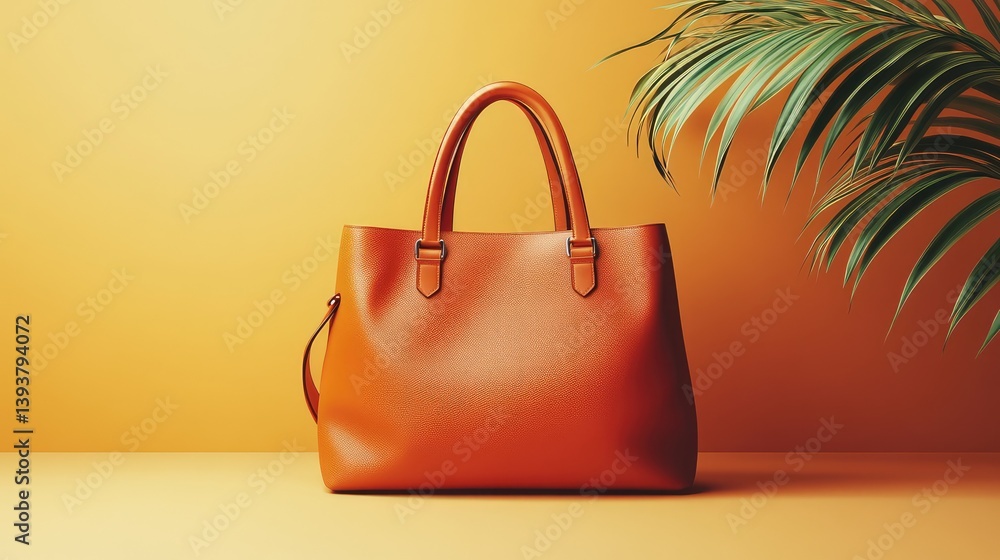 Poster a trendy handbag with a unique design, placed on a neutral-colored surface, with enough space around