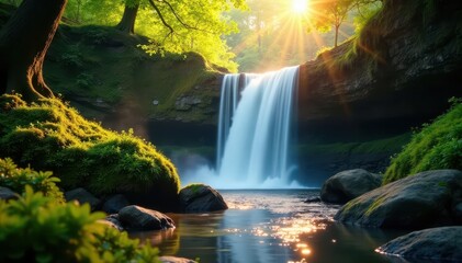 Sunlit waterfall cascading down moss-covered rocks in lush forest, hidden, tranquil, movement