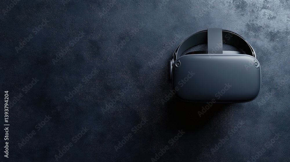 Poster a virtual reality headset resting on a black surface, surrounded by empty space for copy or branding