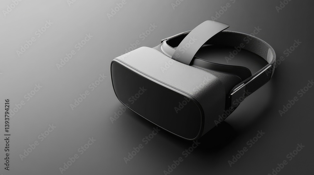 Poster a virtual reality headset resting on a black surface, surrounded by empty space for copy or branding