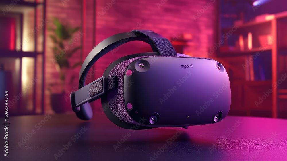 Poster a virtual reality headset resting on a sleek black surface, with ambient lighting creating clear spa