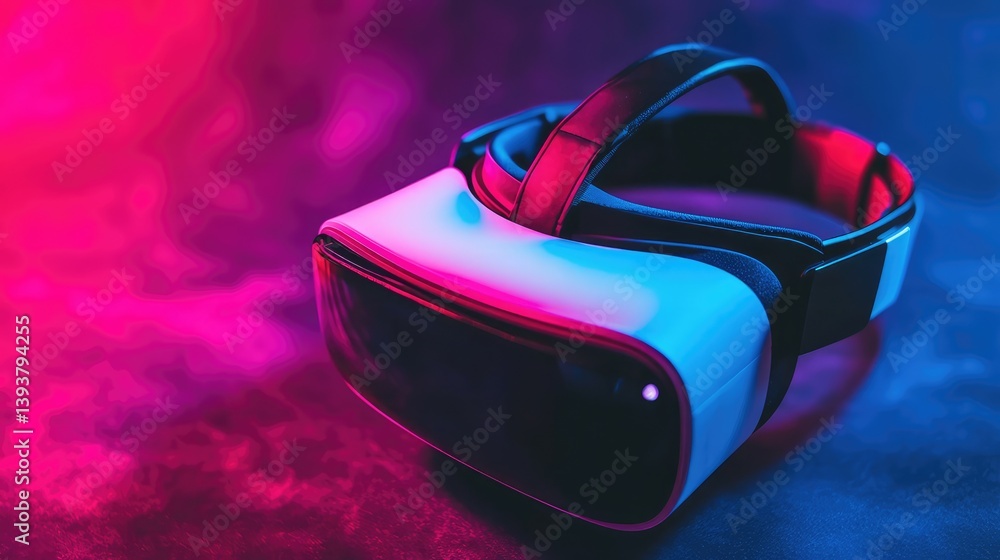 Poster a virtual reality headset resting on a sleek black surface, with ambient lighting creating clear spa