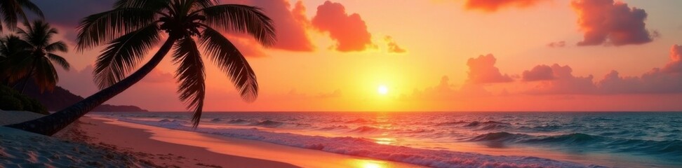 Fototapeta premium Palm tree silhouetted against sunset over sandy beach with gentle ocean waves, palm trees, natural