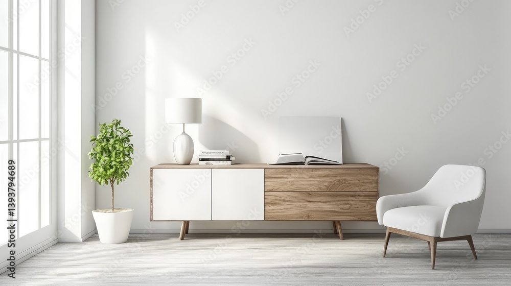 Poster bright and airy workspace with minimal decor, digital tablet and open notebook arranged neatly with 